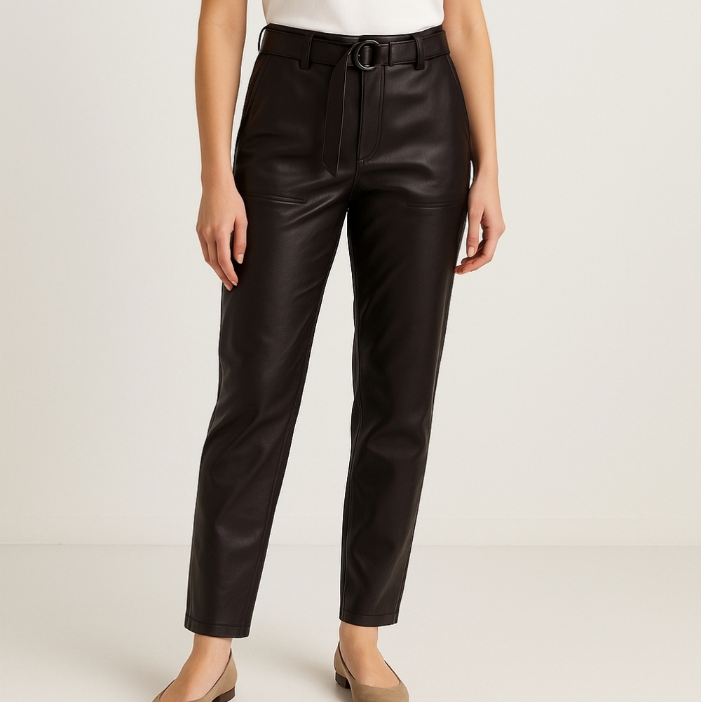 NWT Tibi Faux Leather Pants Deep Brown Elastic Waist Belted Trouser M